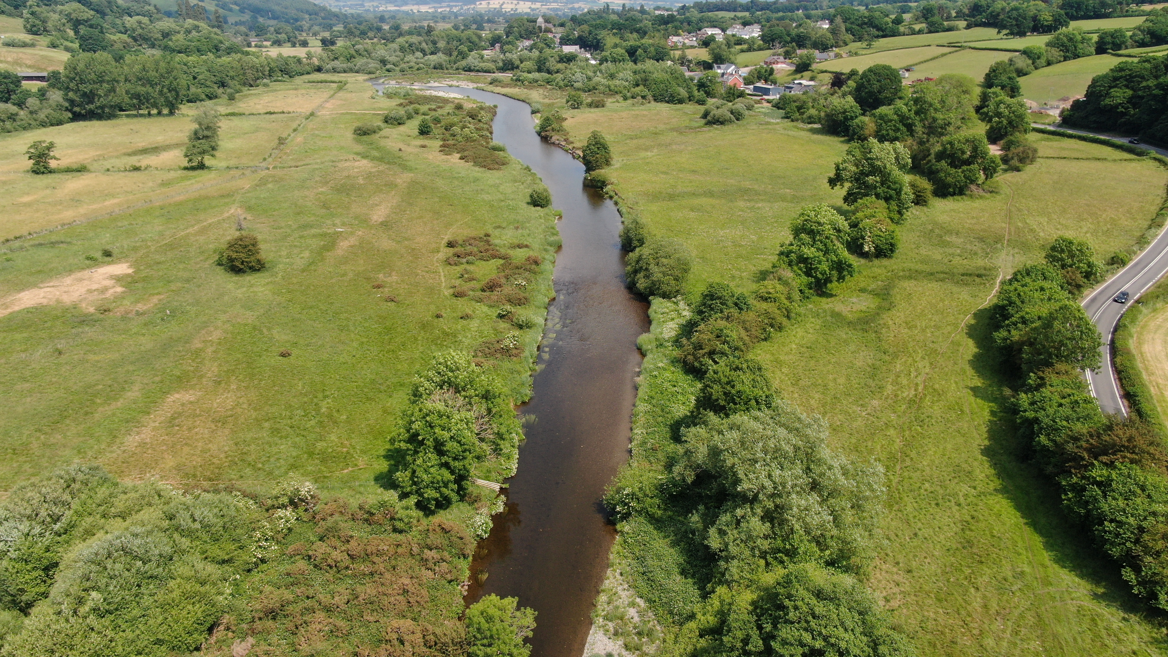 Drone image of River Severn at Llandinam