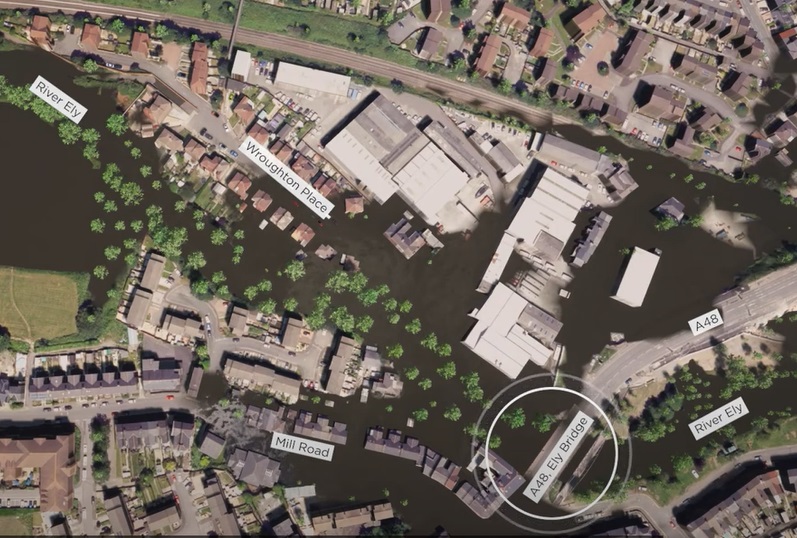 Aerial map of Ely showing flood extent during a 1 in 100 annual chance event