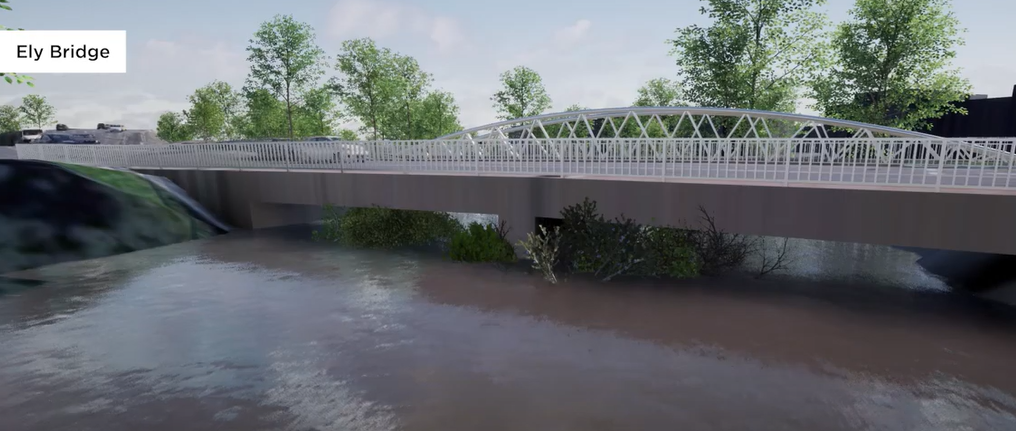 An animated image of trees blocking the underside of the Ely Bridge