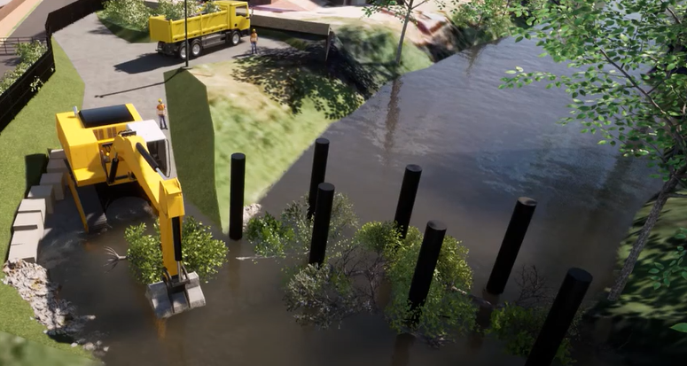 An animated image showing machinery clearing the debris from the tree catcher from the access ramp